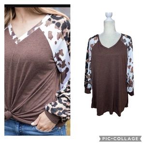 Grace & Emma Brown Long Sleeve Tee With Cow & Leopard Print T-Shirt Size 2X
